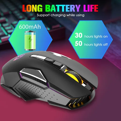 Vista 5 de Ratón inalámbrico para juegos recargable con retroiluminación RGB de arcoíris silencioso, 2.4 G, sensor óptico de 3 niveles DPI, computadora