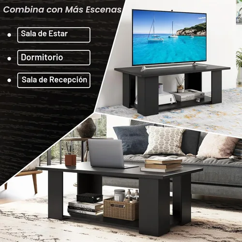 Vista 8 de Tangkula Mesa auxiliar de 2 niveles, moderna mesa de cóctel rectangular con 5 patas de soporte, muebles de sala de estar con acento de madera, mesa