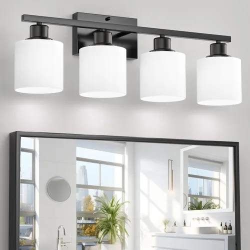 Vista 9 de Luces de baño negras sobre espejo, lámpara de tocador antioxidante para baño, lámpara de pared moderna de 3 luces para sala de estar, base E26