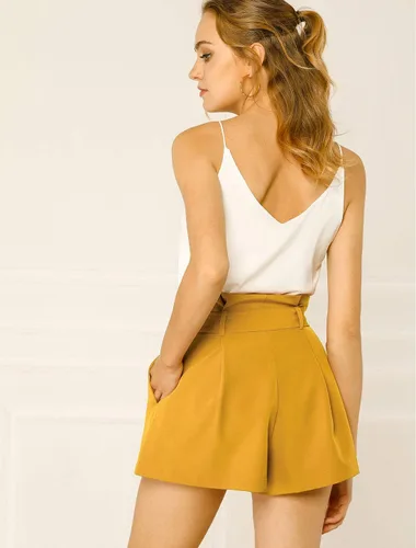 Vista 5 de Allegra K Pantalones cortos cortos de cintura alta con pajarita para mujer