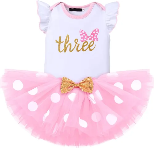 Vista 18 de IMEKIS Conjunto de mameluco para bebé niña de primer y tercer cumpleaños + falda tutú de lunares + diadema para niños pequeños sesión de fotos