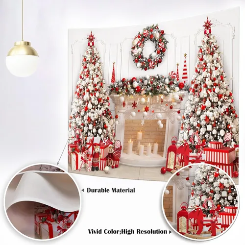 Vista 7 de Mocsicka Telón de fondo para chimenea de Navidad blanco y rojo, fondo para fotografía de árbol de Navidad, invierno, Navidad, familia, niños, fiesta