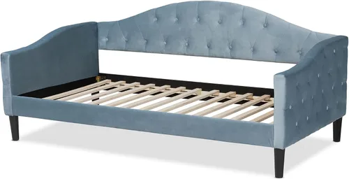 Vista 5 de Baxton Studio Benjamin - Sofá cama de tamaño matrimonial de madera con acabado marrón claro moderno y contemporáneo de terciopelo azul claro