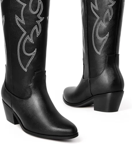 Vista 2 de Ouepiano - Botas vaqueras blancas para mujer, botas con longitud hasta la rodilla, tacón grueso y puntera puntiaguda, sin cordones, pantorrilla