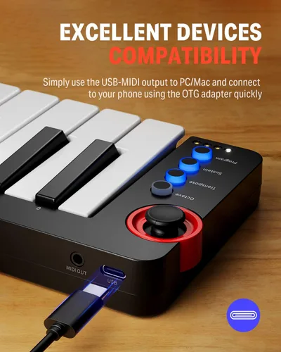 Vista 4 de Donner - Mini teclado MIDI N-25, controlador MIDI de 25 teclas, regalos para principiantes con mini teclas sensibles a la velocidad, software