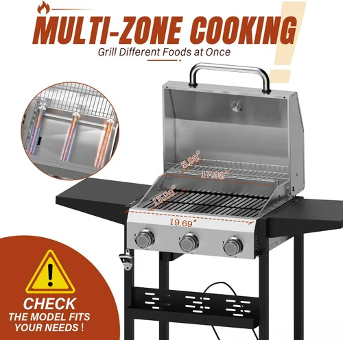 Vista 3 de 3-Burner Propane Gas Grill, 36000 BTU for BBQ,Portable with Wheels&Hood Even& powerful heat distribution with independent control,folding side
