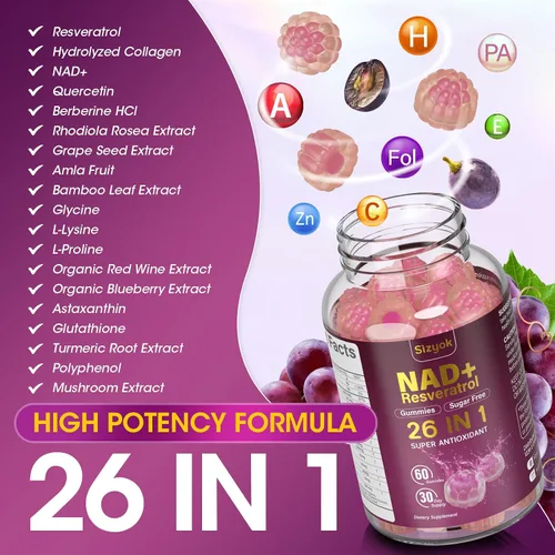 Vista 3 de Gomitas de Resveratrol NAD, Suplementos NAD para Mujeres con Colágeno Hidrolizado, Semilla de Uva y D-Biotina que Apoyan la Acción Antioxidante