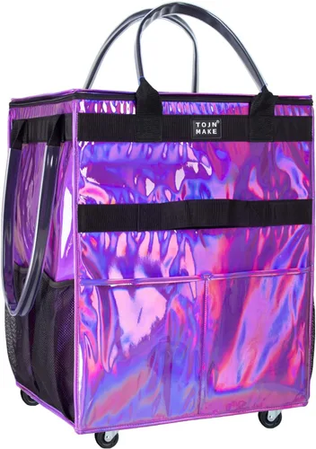 Vista 13 de Bolsa de comestibles reutilizable sobre ruedas, carrito de compras con 8 bolsillos y cubierta con cremallera, bolsa plegable con ruedas, asas