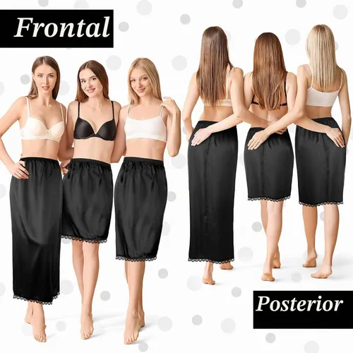 Vista 4 de Mepase 3 Piezas Combinación de Satén para Mujer para Usar Debajo de Vestidos 3 Tipos de Longitud 19, 27, 35 Pulgadas Combinación con Encaje Negro