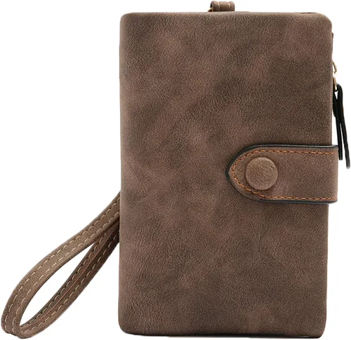 Vista 8 de Billetera pequeña de cuero para mujer, pulsera RFID plegable para mujer, con ranuras para tarjetas, monedero con cremallera para ventana