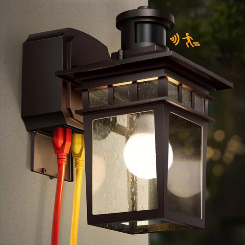 Vista 17 de Luces de Porche Exteriores con Sensor de Movimiento con Toma GFCI, 3 Modos de Luminaria Exterior del Anochecer al Amanecer, Luminaria de Iluminación