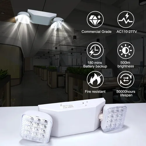 Vista 2 de Commercial LED Emergency Lights with Battery Backup, 2 Head Indoor Fixture, AC120-277V Hardwired 6 PCS