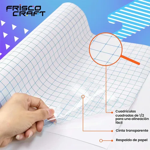 Vista 3 de Frisco Craft AT-65 Cinta de transferencia transparente para vinilo con rejilla de alineación y respaldo de papel - Rollo de larga duración Rejilla