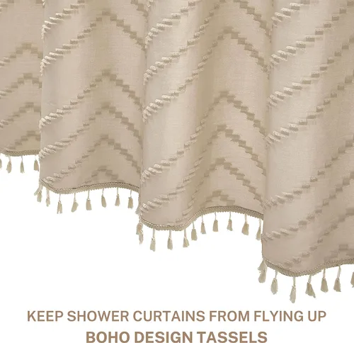 Vista 3 de Cortina de ducha Siiluminisoy de 36x72 beige, cortina de ducha de tela de tamaño pequeño, cortinas de ducha de tela con tufting, diseño chevron a