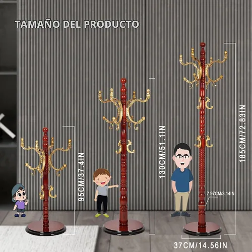 Vista 6 de Percheros de pie con 14 ganchos, perchero de madera natural con base redonda sólida, percheros de altura ajustable, fácil montaje para pasillo