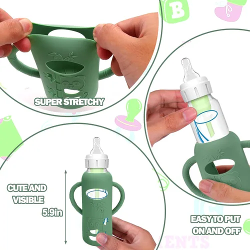 Vista 4 de BUSOHA Paquete de 3 fundas de silicona para biberones de vidrio Dr. Brown's Verde oscuro+gris+azul claro