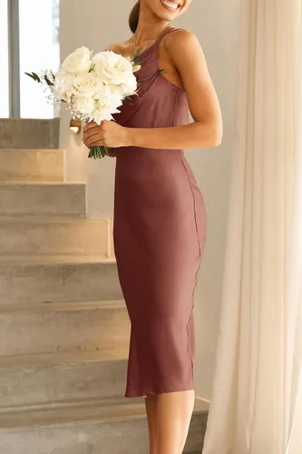 Vista 4 de PRETTYGARDEN Vestido midi de satén para mujer, con un hombro, tirantes delgados, espalda descubierta, fruncido, vestido ajustado de verano