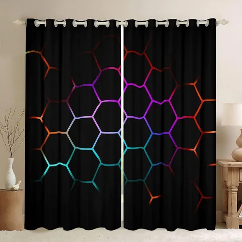 Vista 47 de Feelyou - Cortinas de ventana en forma de panal, tema geométrico hexagonal con luces de neón verdes, para chicos adolescentes y hombres, elegante