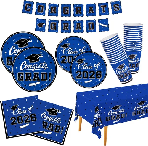 Vista 17 de Decoraciones de graduación de clase de 2026, juego de vajilla de fiesta de graduación de graduación negro y dorado, platos de papel desechables