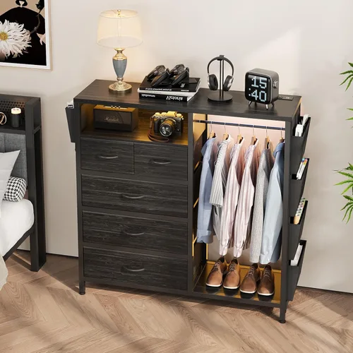 Vista 7 de Espelism Cómoda para dormitorio con perchero, bolsillos laterales, cómoda de 5 cajones con estación de carga, luces LED, cómoda de almacenamiento