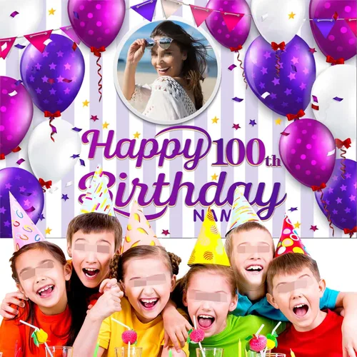 Vista 5 de Cartel decorativo personalizado de feliz cumpleaños número 100, personalización disponible, morado, tamaño grande - Fotos y nombres personalizados