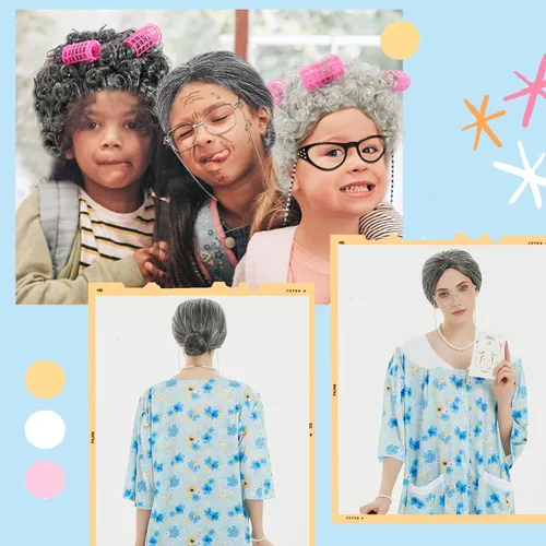 Vista 4 de Old Lady Costume for Women Kids,8Pcs Grandma Cosplay Set for 100th Day of School Granny Costumes Halloween Accessories