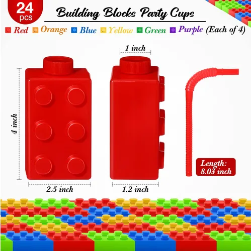 Vista 2 de Sawysine Juego de 24 vasos de bloques de construcción de 10 onzas, bloques reutilizables para fiestas, vasos de plástico de ladrillo
