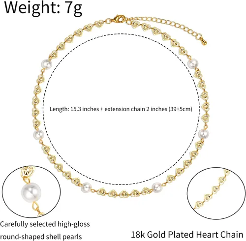 Vista 5 de Cowlyn Pearl Choker Dainty Adjustable Necklace 18K Gold Plated Cultured Barque Pearl Tiny Chain Delicate Mother's Valentine Jewelry for Women Girls