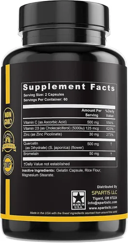 Vista 6 de Quercetina de Zinc 500mg con Vitamina C Vitamina D3 Bromelina Apoyo Inmunológico Quercetina de Alta Potencia Zinc Suplemento ZQV de SPARTIS