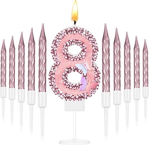 Vista 17 de Amylove Vela de cumpleaños número 0, decoración de pastel de mariposa con purpurina rosa con 10 velas delgadas, decoraciones de cumpleaños número 0