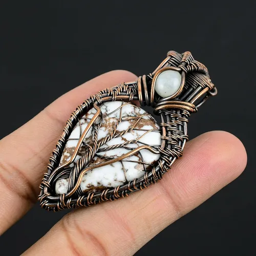 Vista 17 de Impresionante collar con colgante de árbol de la vida de cobre con piedras preciosas hechas a mano y cadena de 20 pulgadas, perfecto