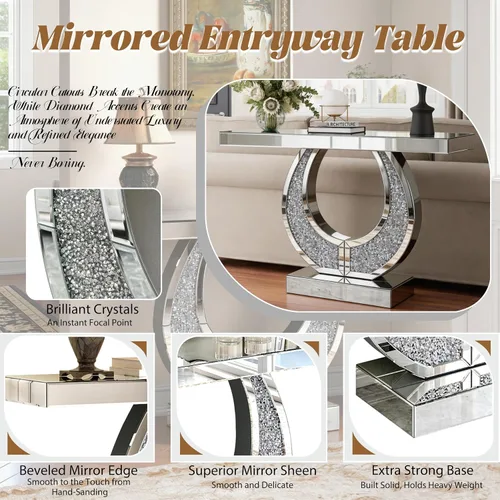 Vista 5 de Mesa consola plateada con espejo con diamante triturado, mesa rectangular moderna de 45.27 pulgadas con base en forma de O, mesas angostas