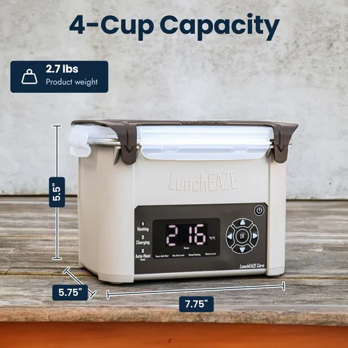 Vista 4 de LunchEAZE Core Gen 2 Lonchera Calentada y Eléctrica Sin Cable – Alimentada por Batería, Capacidad de 4 Tazas, 104°C, Calefacción Programada