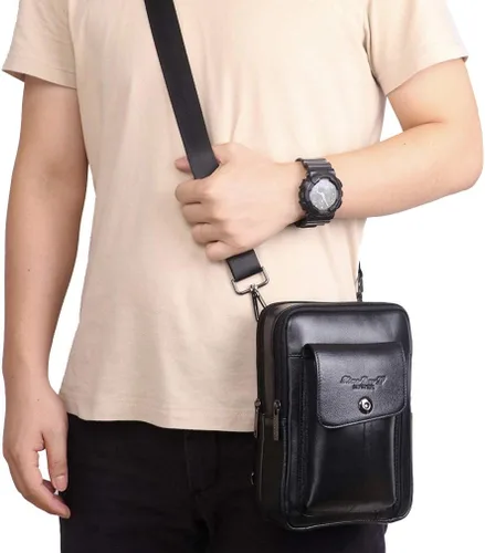 Vista 2 de Hebetag Bolso bandolera de cuero pequeño para hombres y mujeres, para viajes al aire libre, negocios
