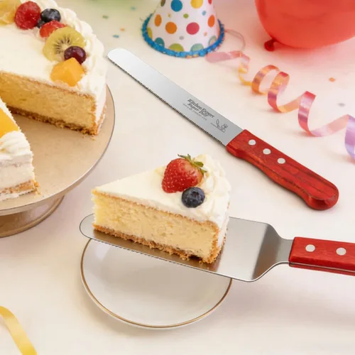 Vista 6 de Juego de 4 piezas para cortar pasteles para boda, con 2 cuchillos y 2 servidores, mango de madera y cortador de pastel de acero inoxidable
