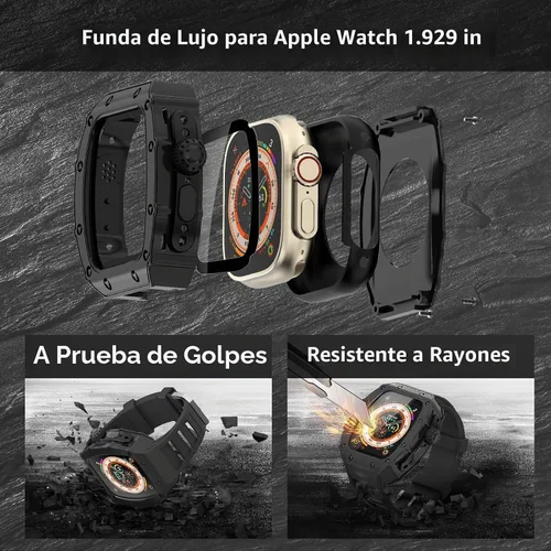 Vista 2 de Estuche de Lujo para Apple Watch Ultra 3/2/1 49mm Banda FKM, Cubierta de Metal con Parachoques Resistente + Vidrio Incorporado + Correa
