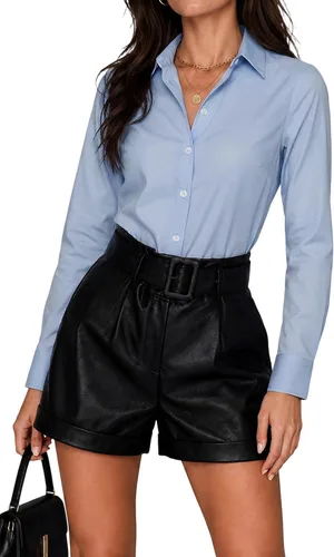 Vista 17 de Blusas de negocios para mujer, de manga larga, sin arrugas, con botones, ajuste clásico, cuello para el trabajo y la oficina