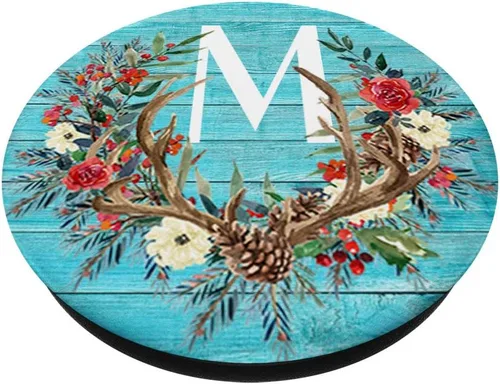 Vista 2 de Letra M de ciervo de madera de teal monograma PopSocket Regalo inicial M – PopSockets Grip y soporte para teléfonos y tabletas