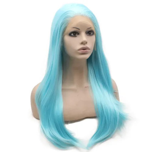 Vista 2 de mxangel largas Straight Azul Claro Sintético Lace Frente Peluca resistente al calor