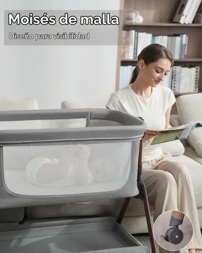 Vista 7 de Cuna para bebé - Cuna para dormir al lado de la cama, Cunas al lado de la cama 3-en-1 para bebé, Cuna con movimiento, con colchón cómodo, ruedas