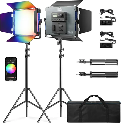 Vista 8 de Pixel K80 Iluminación de fotografía bicolor con control remoto, paquete de 2 unidades de 45 W 3200K-5600K luz de video LED regulable, luz de panel