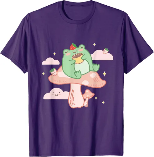 Vista 59 de Kawaii Strawberry Frog On Mushroom - Camiseta de manga corta de anime, Azul / Patchwork, S Azul Pastel
