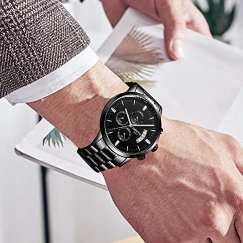 Vista 3 de Flexweltims Mens Watche Stainless Steel Analog Quartz Watches for Male Fashion Business Dress Watches Sport Waterproof Chronograph Wristwatch