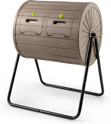 Vista 12 de Goplus Contenedor de compostaje, vaso de compostaje de doble cámara de 34.5 galones con 2 cámaras giratorias, puertas corredizas, compostador