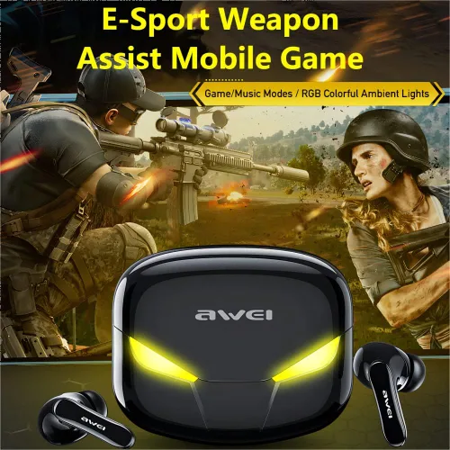 Vista 2 de AWEI Auriculares T35 para juegos con micrófono, auriculares inalámbricos Bluetooth de alta sensibilidad con luces de respiración de modo