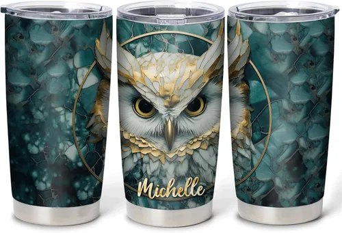 Vista 12 de Hyturtle Vaso personalizado para amantes de los búhos, vaso de café de acero inoxidable con nombre personalizado, 20 onzas con tapa, ideal como