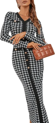 Vista 4 de WDIRARA Vestido largo de manga larga con cuello en V y cuello en V para mujer, diseño de pata de gallo