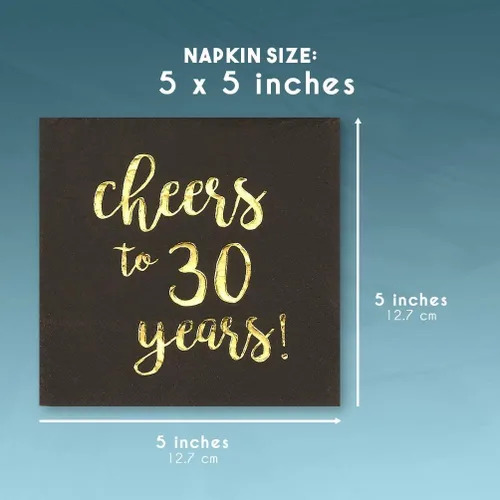 Vista 6 de BLUE PANDA Servilletas de 30 cumpleaños – 5 x 5 pulgadas, 3 capas, 50 unidades, negro y dorado – Servilletas estampadas con texto en inglés «Cheers