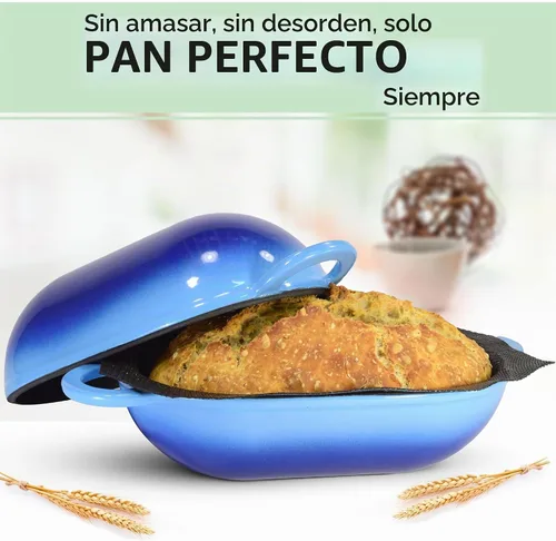 Vista 4 de LoafNest: Kit de pan artesanal increíblemente fácil. Horno holandés de hierro fundido [gradiente azul] y forro de silicona antiadherente perforado.