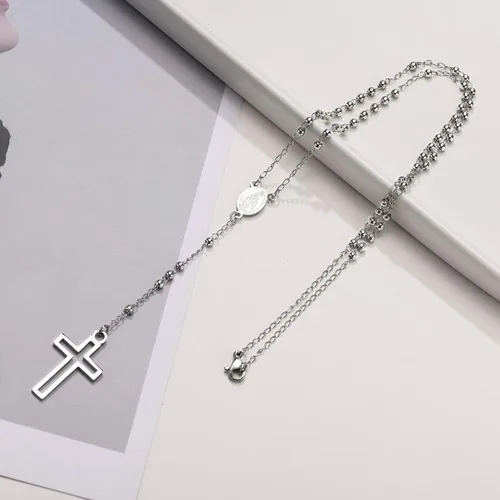 Vista 4 de Hisatan Rosario de cuentas católicas con dije de cruz, rosario, cruz de cuentas de rosario, cadena en Y para mujer, medalla milagrosa de María
